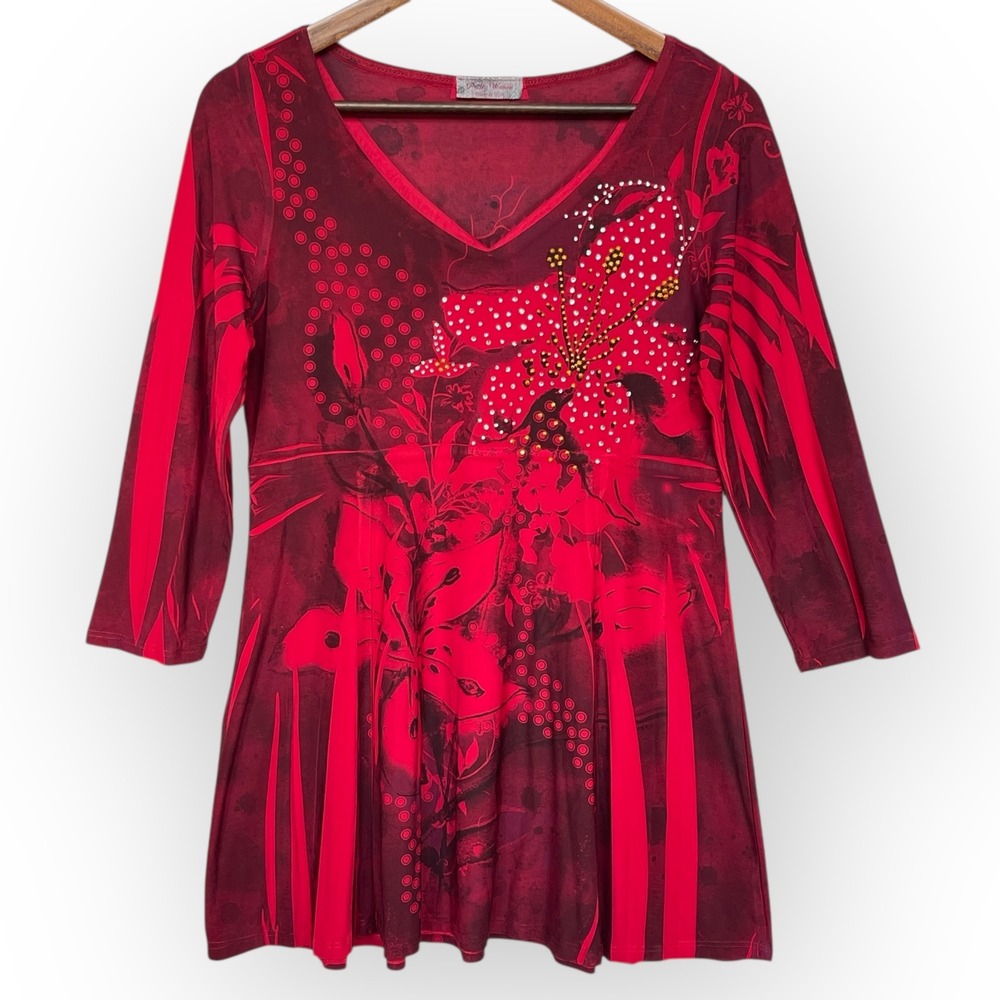 Pretty Woman Red Floral Rhinestone Embellished V-Neck Tunic Top Size 2 USA Made